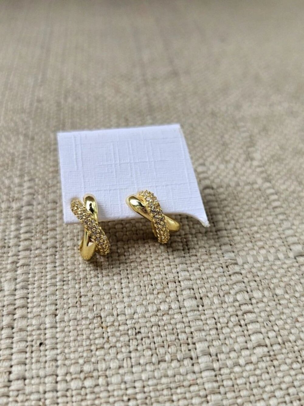 Gold Tone Twisted Hoop Earrings with Rhinestones Fashion Jewelry Stud Earrings - Picture 7 of 11